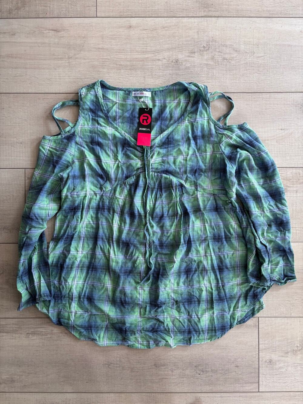 Rosegal Green Plaid Cold Shoulder Blouse Plus Size Boho Peasant Tunic Top NWT